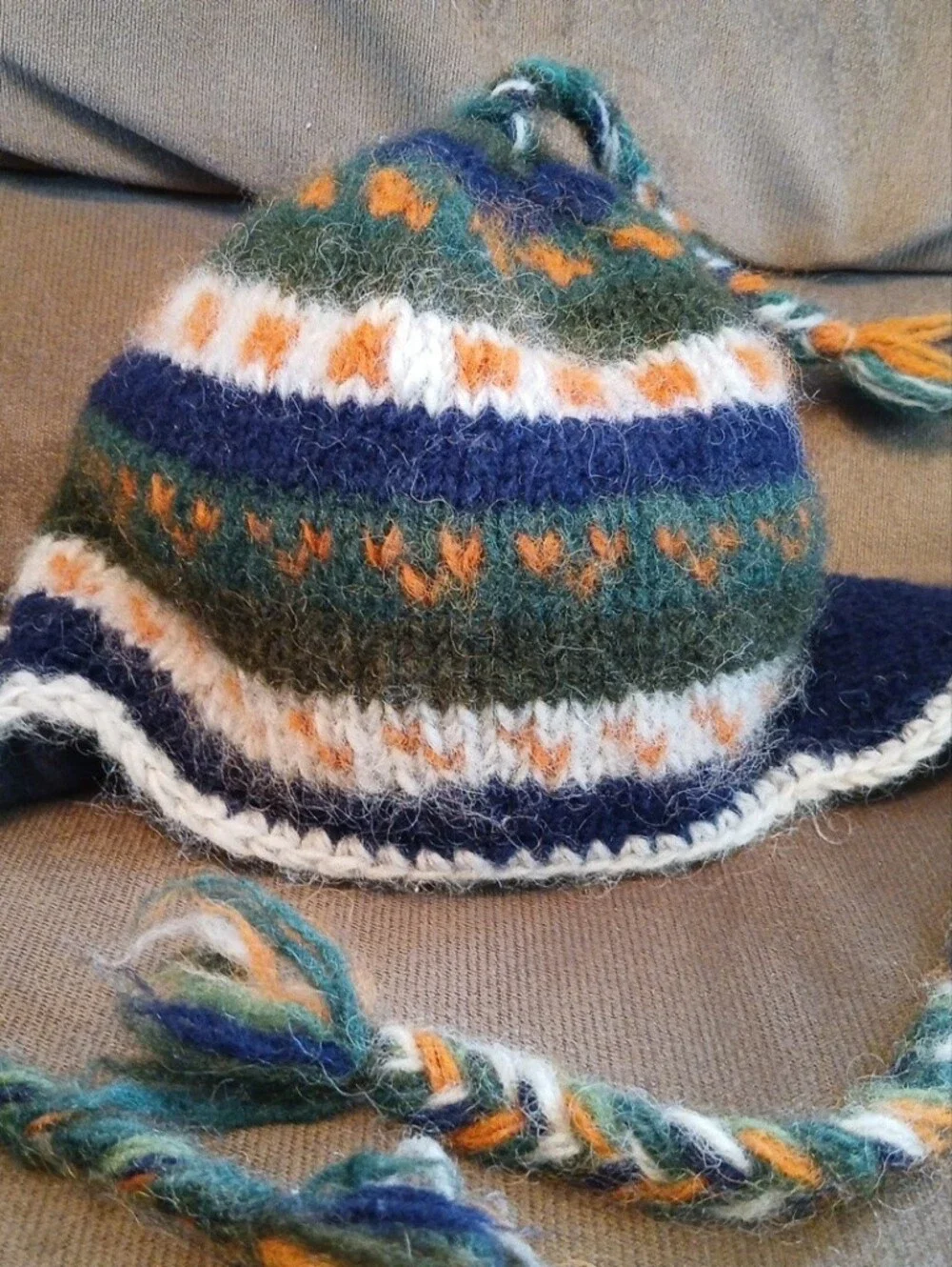 Hand-Knit Multicolor Wool Earflap Hat - Green, Navy & Orange With Braided Tassel